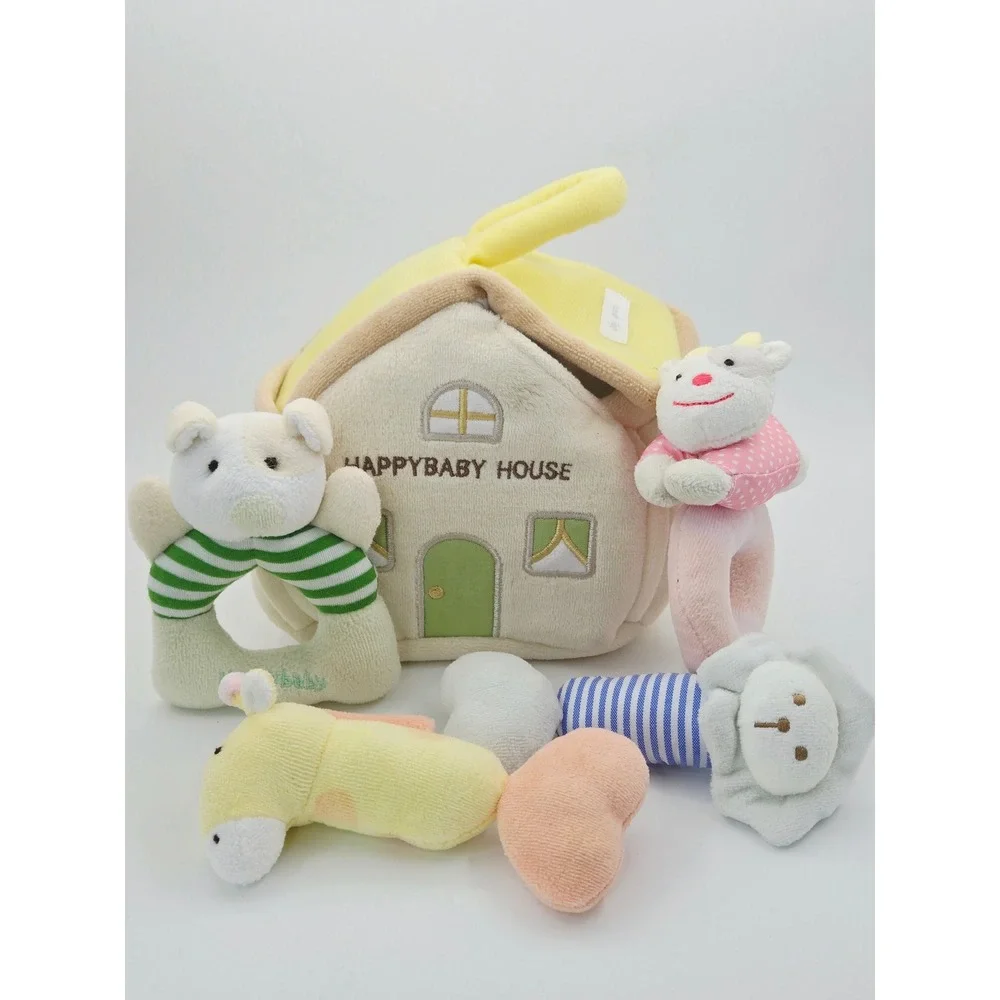 iPlay iLearn Happy Baby House Plush Toy Set with 4 Animal Rattles Yellow Cream